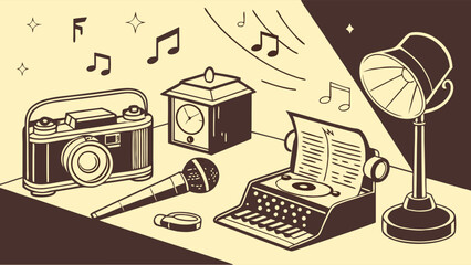 Vintage creative desk with retro camera, typewriter, microphone, and music notes. Old media, art, and entertainment.
