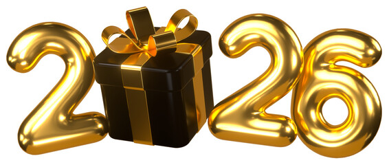 Golden 2026 numbers with black gift box