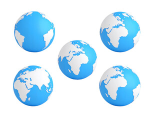 Five spherical globes on a dark background, showing continents & oceans. Rendered in 3D