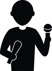 Silhouette of a person holding a microphone and a rolled document isolated on white background