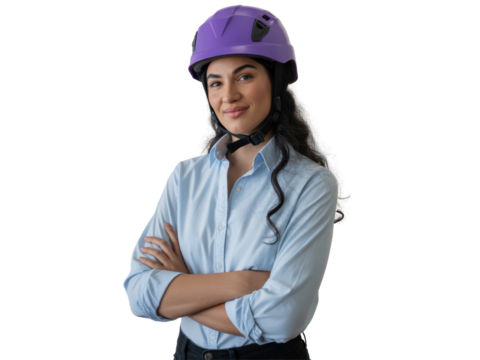 Confident Woman Wearing Purple Safety Helmet
