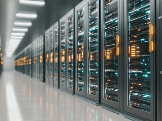 Data center with rows of servers and illuminated lights.