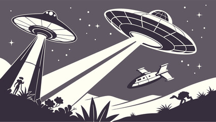 Black and White Retro Sci-Fi UFOs and Aliens with Light Beams. Vintage Flying Saucer Night Scene.