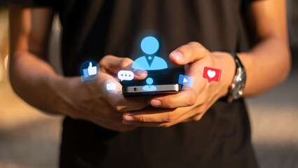 Man using smartphone with social media icons floating around the screen
