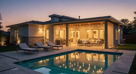 Fototapeta premium Modern backyard with a swimming pool, lounge chairs, and a covered patio area during twilight. - scenic perspective