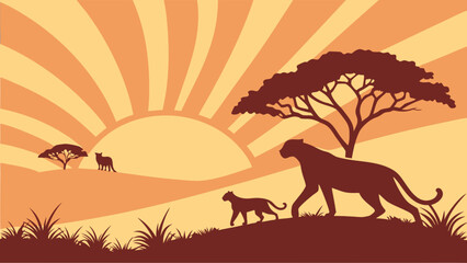 African Safari landscape with mother lioness and cub silhouettes at sunrise. Wildlife family in savanna.