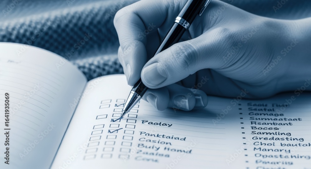 Poster close-up of hand checking off items in a list with a pen, task management concept