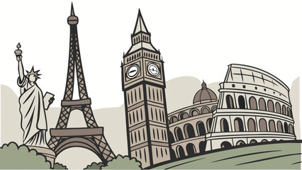 Obraz premium Iconic world landmarks for global travel and tourism. Famous international destinations and vacation sightseeing.