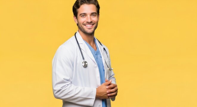 Portrait of a handsome young doctor smiling confidently in a lab coat with a stethoscope against a vibrant yellow background