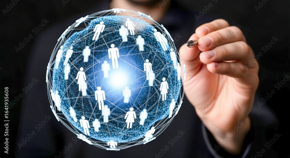 Poster global network visualization: person connecting people through technology for communication and coll
