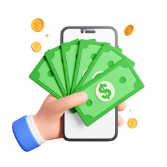 Hand holding money emerging from a phone with coins floating. Digital payment concept