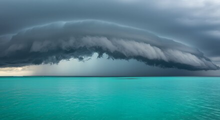Fototapeta premium Dramatic storm clouds over a calm turquoise sea, capturing the contrast between the turbulent sky and serene water.