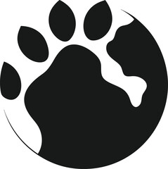 Black silhouette of a paw print forming a circular shape isolated on white background