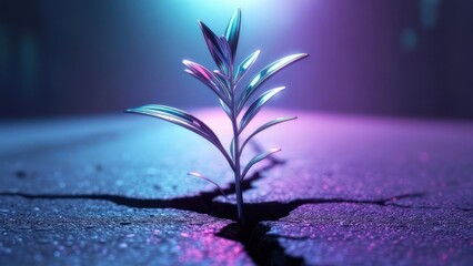 Obraz premium Neon sprout emerging from cracked pavement