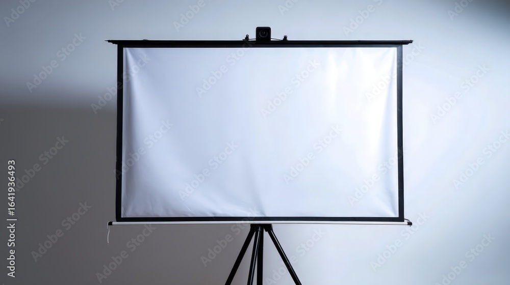 Poster portable projector screen on tripod stand for presentations and display, isolated on white backdrop