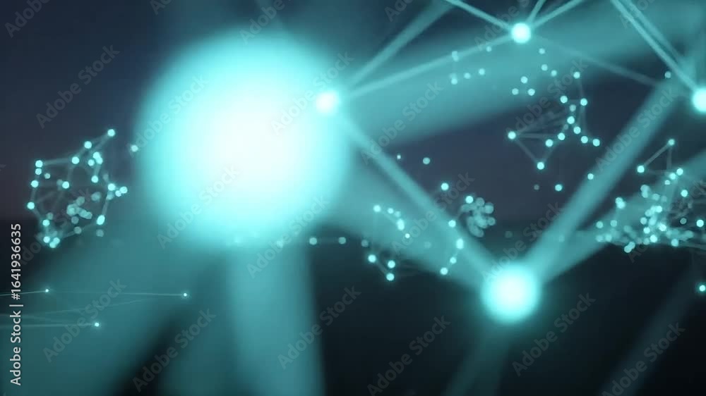 Poster abstract network of glowing cyan nodes and lines against a dark blue gradient background connection