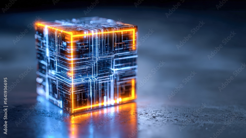 Poster abstract glowing cube with circuit board design, represents technology, innovation, and modern compu
