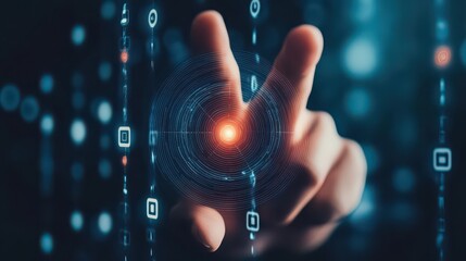 A hand touching a digital interface with glowing circles and binary code on a dark background