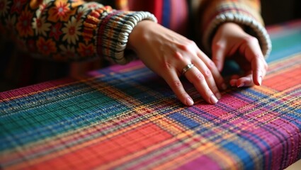 Artisan Hand Weaving Vibrant Multicolored Fabric – Traditional Textile Craftwork Close-Up