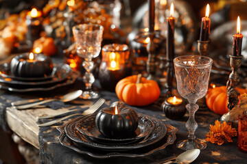 Naklejka premium Elegant Halloween-themed dinner table setup with black and orange decorations, candles, and wine glasses.