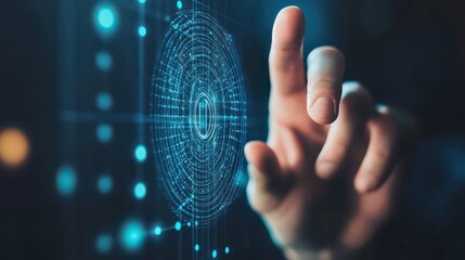 A hand interacting with a glowing blue digital interface with circular design and dots and lines