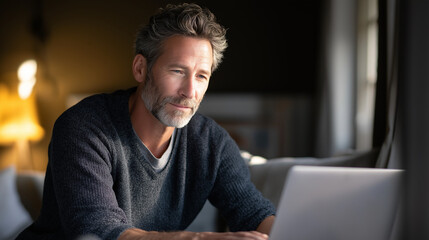 A mid-aged man working on a laptop at home in soft sunlight