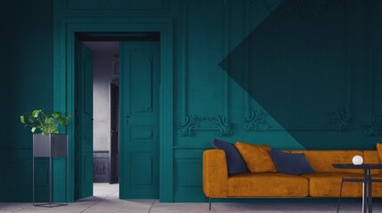 Luxury wooden armchair with blue upholstery in a vintage-style room with a wooden floor and textured wall