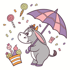 SVG art: A Surprised Donkey in a Birthday vibe with under an umbrella, tinted with Candy Shop tones