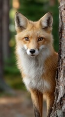 Fototapeta premium Close-up of a red fox with blue eyes peering from behind a pine tree, highlighting the lush forest and intricate fur patterns