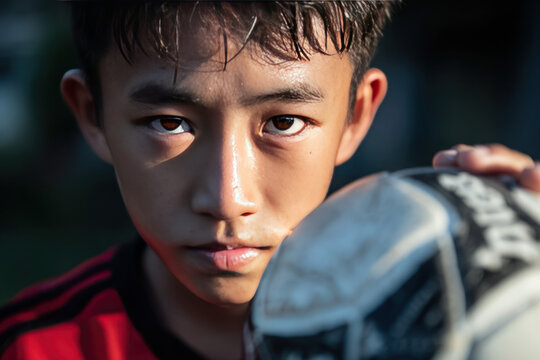 Close up portrait of determined young boy holding football, wearing red and black shirt, with intense expression, outdoor natural light, focus on face and ball, youth sports concept