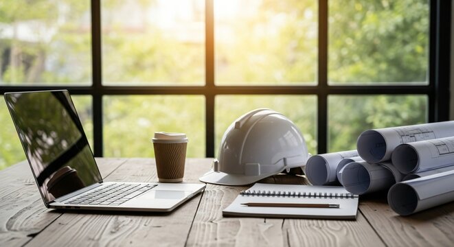 Professional architect workspace with blueprints, laptop, and hard hat, ready for a new project in a bright, modern office - Powered by Adobe