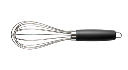 A stainless steel whisk with a transparent black handle, a versatile kitchen tool for mixing ingredients and creating culinary delights