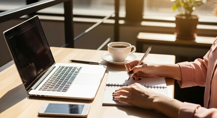 Focused professional taking notes at her bright desk with laptop and coffee, perfect for modern workspace or remote work concepts