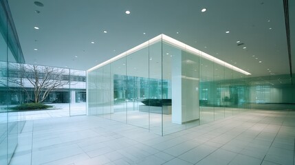 Obraz premium Modern Minimalist Office Building Interior with Glass Walls and Open Space for Corporate Concepts