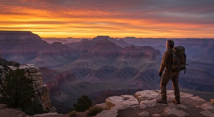 A hiker stands at the edge of the Grand Canyon at sunset, admiring the vast landscape and vibrant colors.