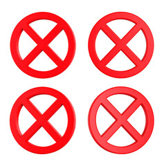 Fototapeta premium Four red prohibition signs against a black background, rendered in glossy 3D style