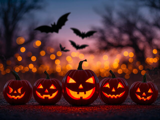 Glowing carved pumpkins and flying bats at dusk halloween jack o lantern