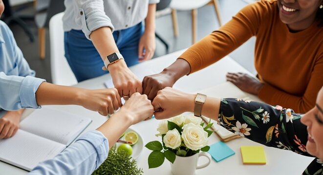 Diverse women entrepreneurs celebrate project success with energetic fist bump, embodying teamwork and female empowerment in modern office setting