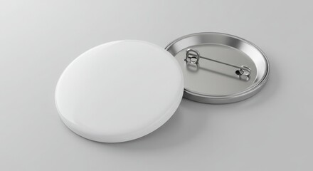 Blank white circular badge with metal pin on a light grey surface, isolated on white background