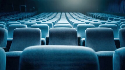Obraz premium Empty Theater Seats: Rows of Blue Seating in a Cinema Auditorium, Ready for the Show