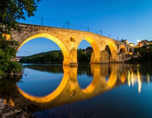 Fototapeta premium Stone bridge at dusk, mirrored in calm river