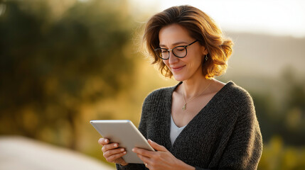 Fototapeta premium A joyful woman reading on a tablet in warm sunlight