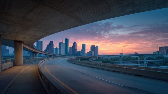 Cityscape Skyline at Sunset View From Highway Underpass, Urban Infrastructure and Transportation Concept, Modern Architecture