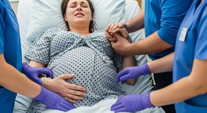 Caring medical team supporting pregnant woman during labor and delivery, showing compassion and teamwork in a modern hospital setting - Powered by Adobe