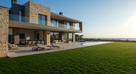 Modern luxury home with a pool, green lawn, and patio furniture, showcasing elegant architecture and outdoor living space.