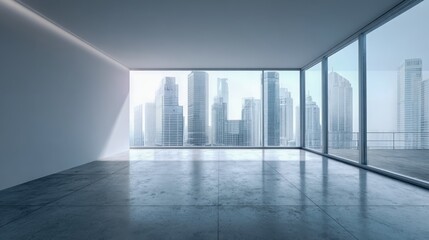 Empty Modern Office Space with City View, Polished Concrete Floors, and Large Windows Letting in Natural Light