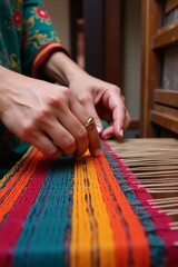 Artisan Hand Weaving Vibrant Multicolored Fabric – Traditional Textile Craftwork Close-Up