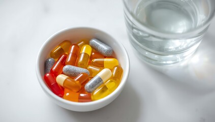 Close-up of colorful multivitamin capsules and omega 3 fish oil gels placed on a white table with a glass of water next to it.