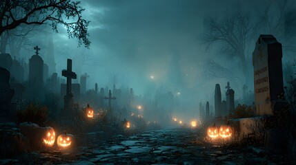 Fototapeta premium Haunted Cemetery With Glowing Jack O Lanterns At Night