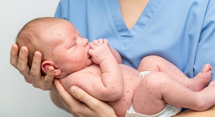 Caring nurse tenderly holds a newborn baby with skin rash, demonstrating pediatric healthcare and the importance of infant health checkups